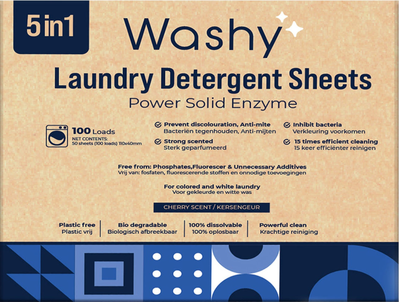 Washy® strips Kersengeur- Wasmiddeldoekjes voor Witte, Gekleurde en Zwarte Was - (100 wasbeurten)