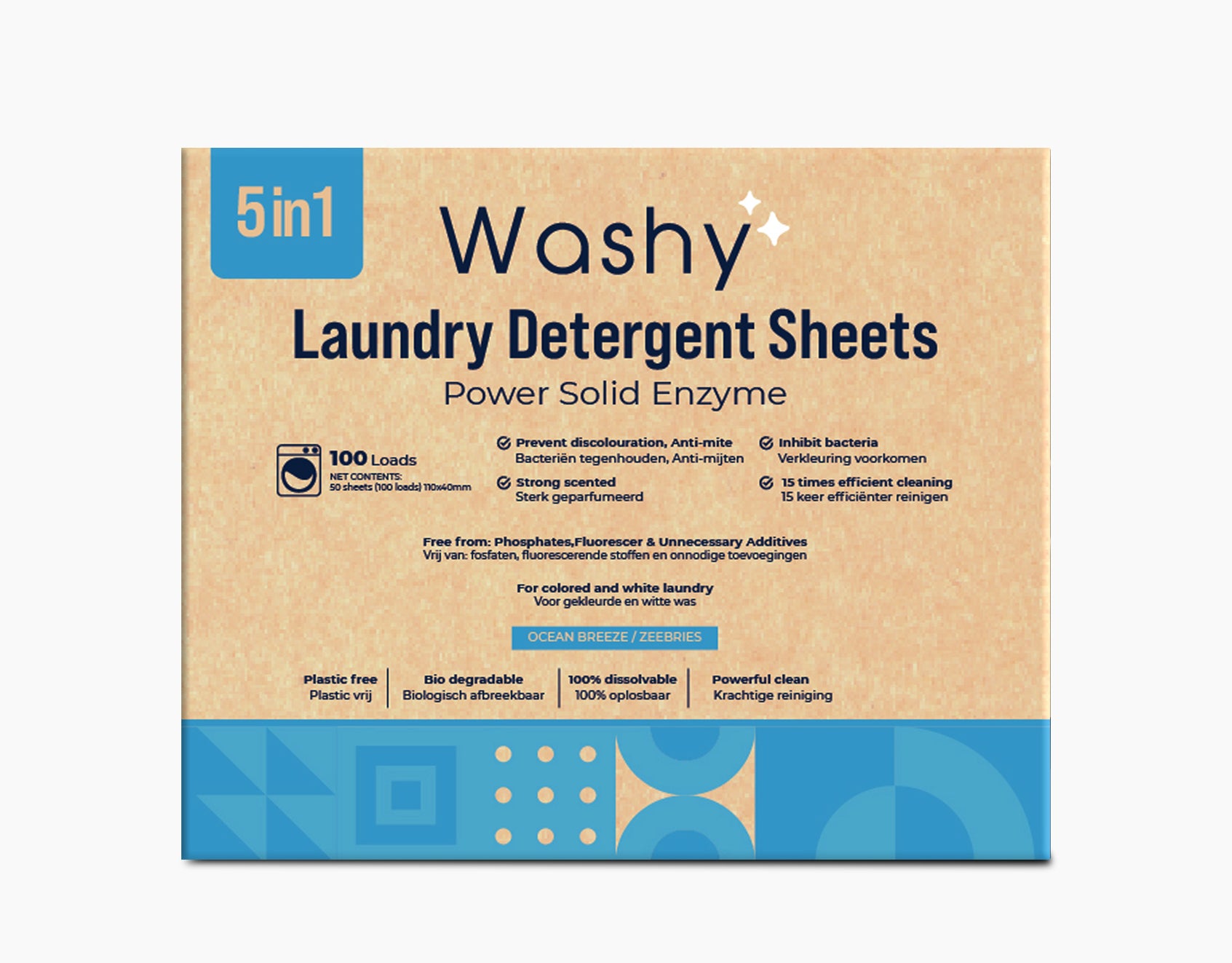 Washy® strips Zeebries- Wasmiddeldoekjes voor Witte, Gekleurde en Zwarte Was - (100 wasbeurten)