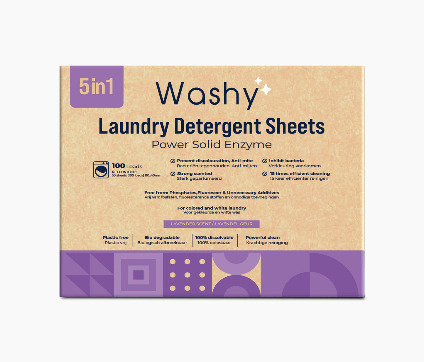 Washy® strips Lavendel geur- Wasmiddeldoekjes voor Witte, Gekleurde en Zwarte Was - (100 wasbeurten)